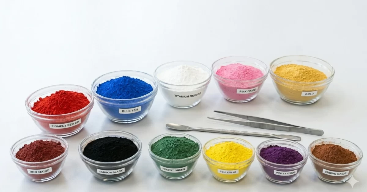 Labeled color pigments for cosmetics powders in glass bowls