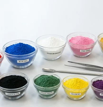 Labeled color pigments for cosmetics powders in glass bowls