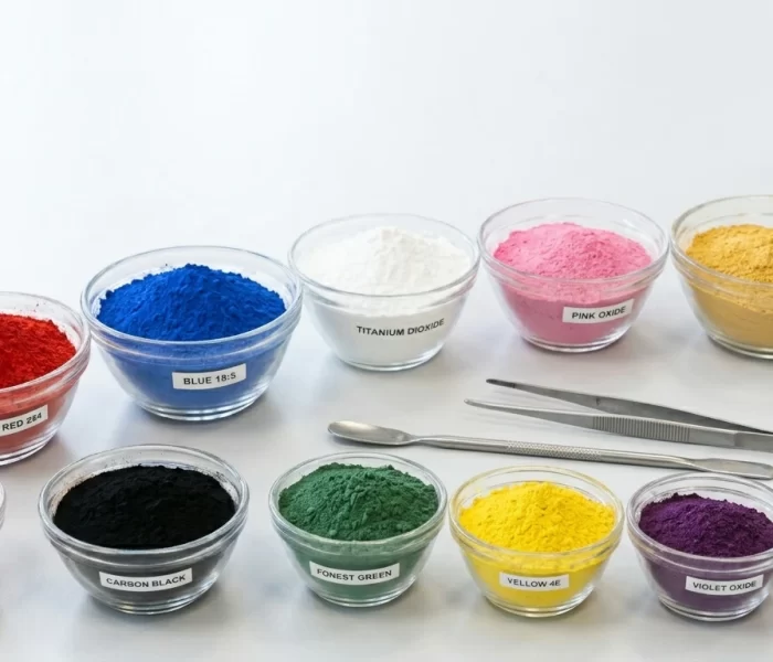 Labeled color pigments for cosmetics powders in glass bowls