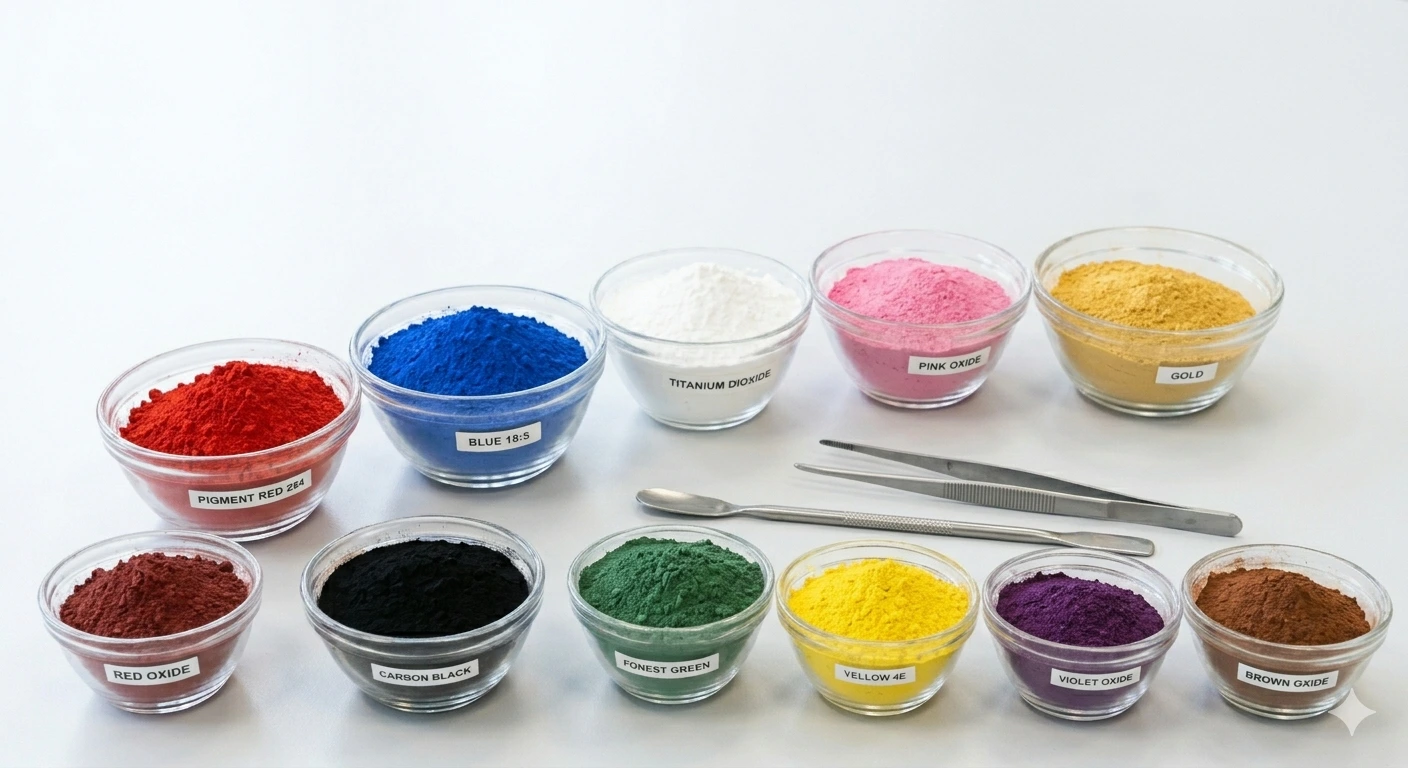 Labeled color pigments for cosmetics powders in glass bowls