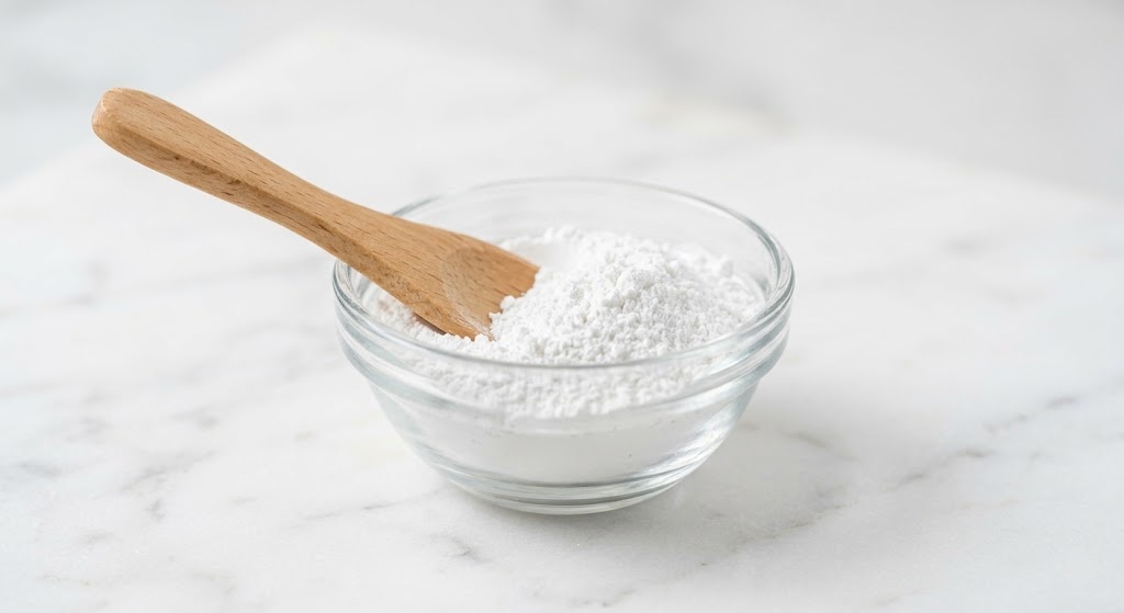 Anhydrous aluminum silicate powder in a glass bowl with wooden spatula
