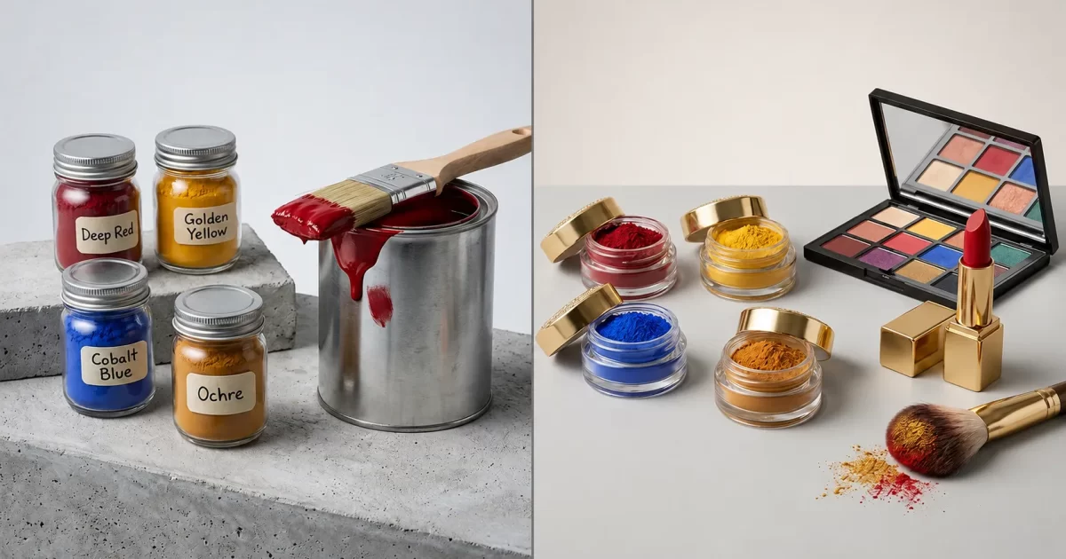 Color pigment manufacturers' paint-grade pigments beside cosmetic-grade pigments used in eyeshadow and lipstick