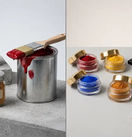 Color pigment manufacturers' paint-grade pigments beside cosmetic-grade pigments used in eyeshadow and lipstick