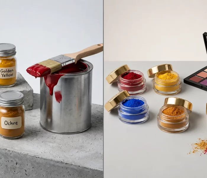 Color pigment manufacturers' paint-grade pigments beside cosmetic-grade pigments used in eyeshadow and lipstick