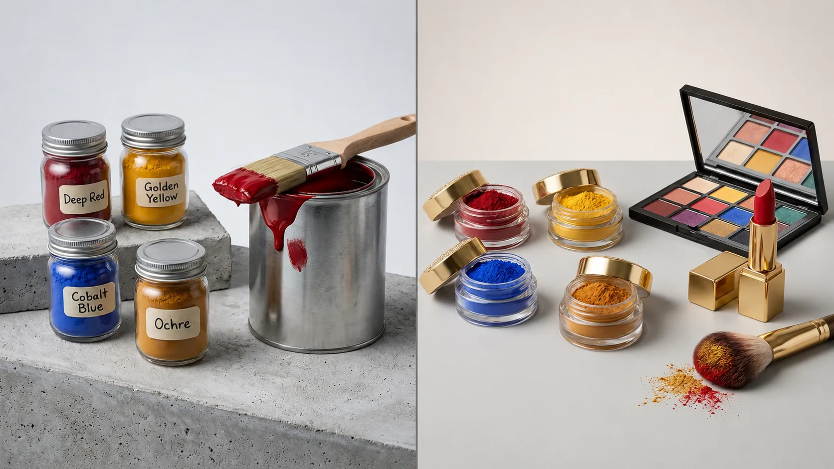 Color pigment manufacturers' paint-grade pigments beside cosmetic-grade pigments used in eyeshadow and lipstick
