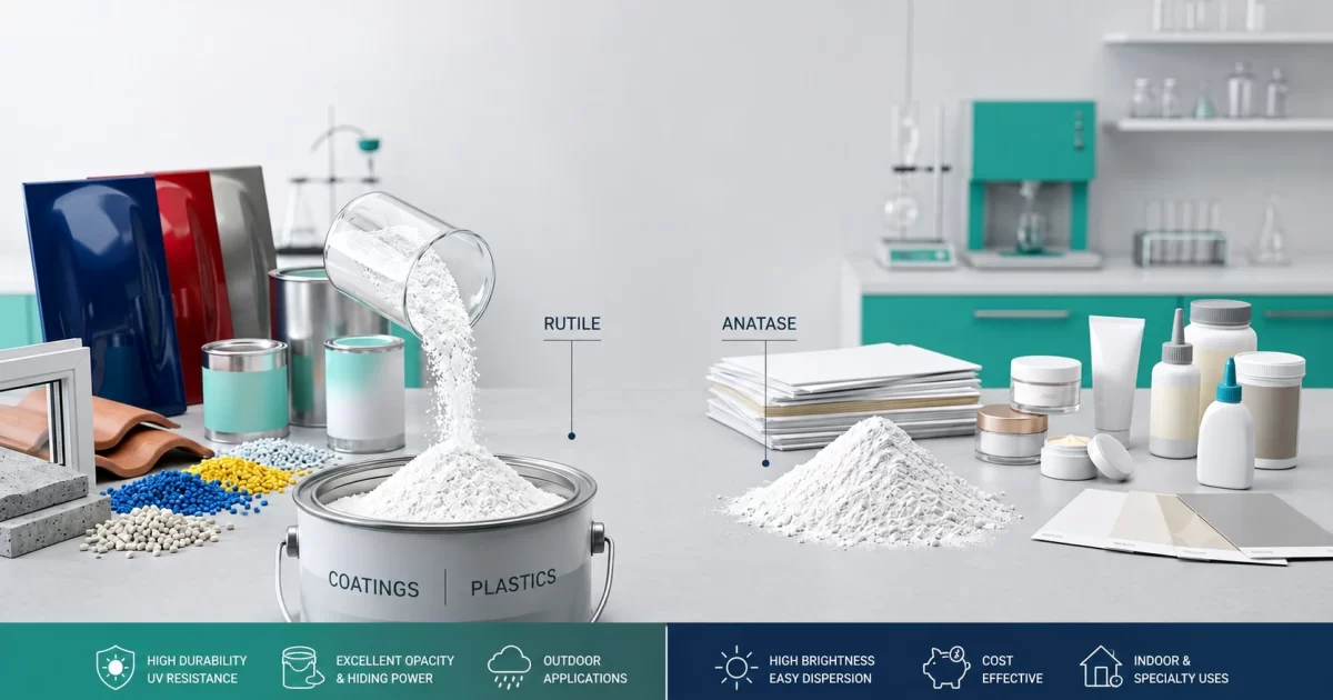 Rutile vs anatase titanium dioxide crystal structures shown with paint, plastic and cosmetic powder samples