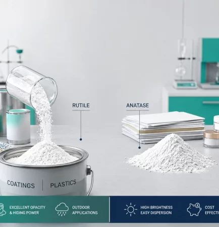 Rutile vs anatase titanium dioxide crystal structures shown with paint, plastic and cosmetic powder samples