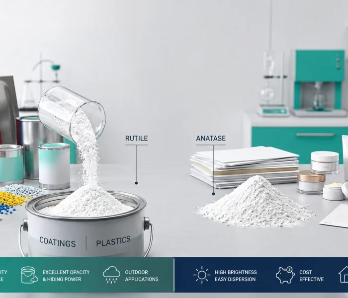 Rutile vs anatase titanium dioxide crystal structures shown with paint, plastic and cosmetic powder samples