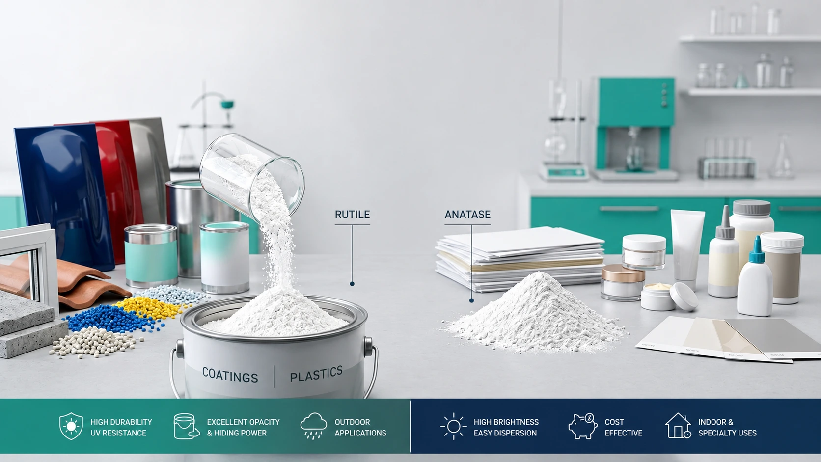 Rutile vs anatase titanium dioxide crystal structures shown with paint, plastic and cosmetic powder samples