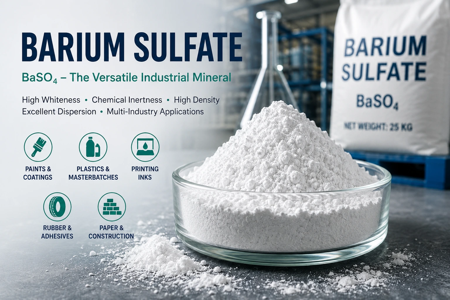 Barium sulfate powder with industrial applications in paints, plastics and inks
